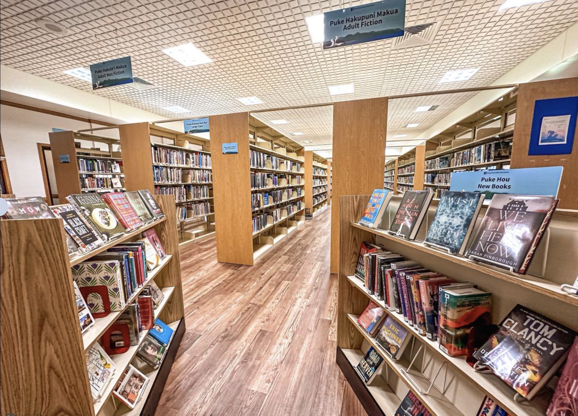 Library shelves with various adult fiction books.