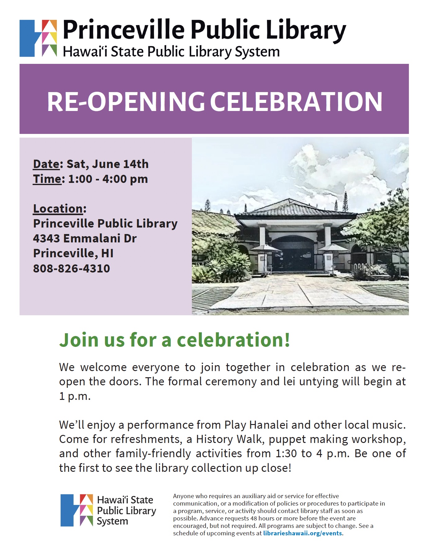 Princeville Library re-opening celebration details and activities.