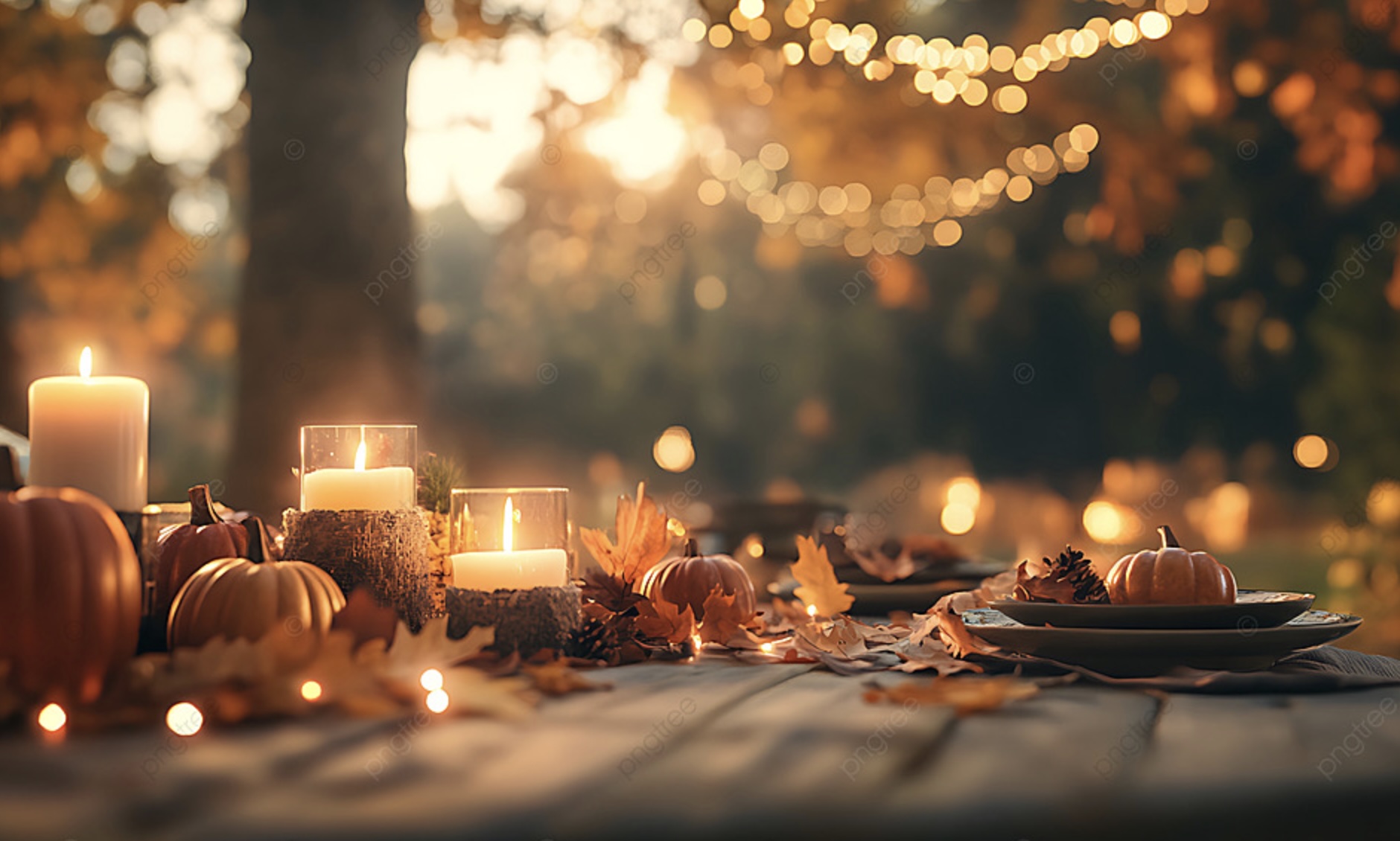 Rustic autumn table setting with candles and pumpkins