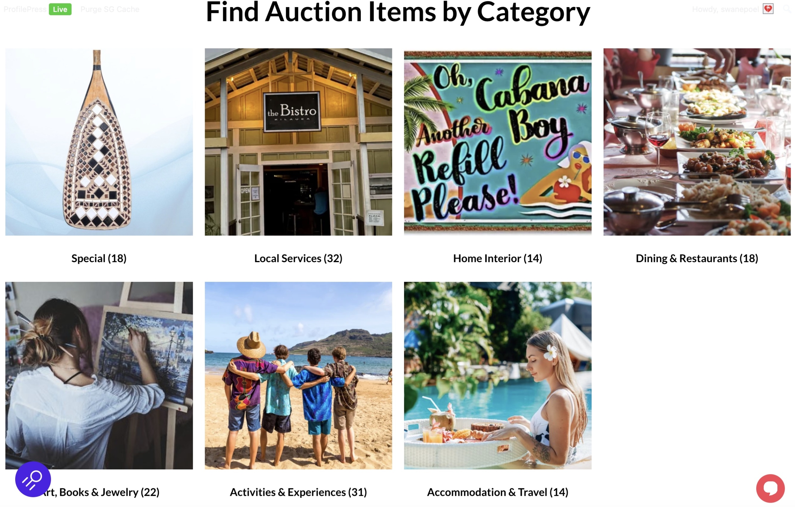 Auction categories: Special, Services, Home, Dining, Art, Activities.